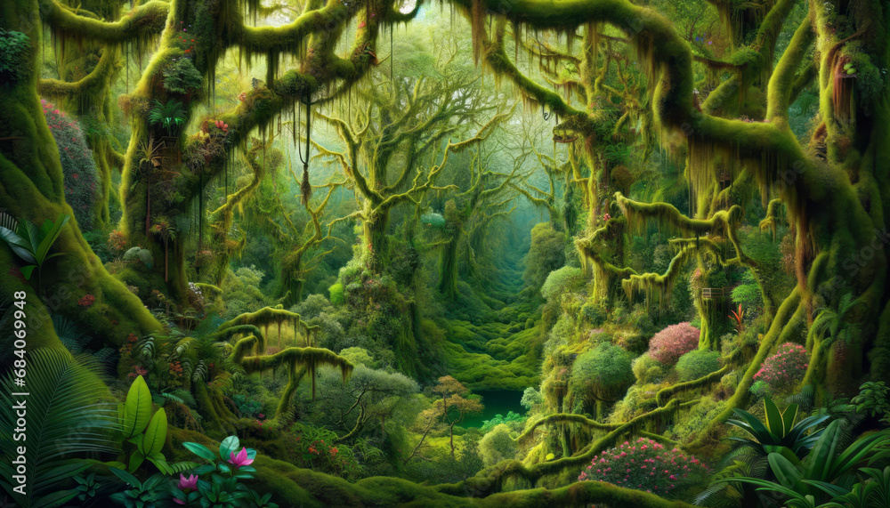 Poster verdant jungle enshrouded in moss with sunlight filtering through fog. enchanted forest concept. gen