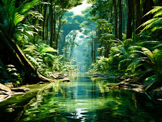 Reflective river meandering through a dense, mystical jungle, with sunrays in the background. Fantasy ambiance concept. Generative AI