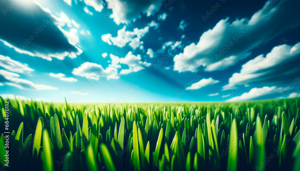 Poster Vivid green grass under a dynamic sky with dramatic cloud patterns. Generative AI
