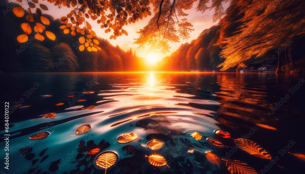 Poster autumn lake landscape with fallen leaves and reflection in the water. generative ai
