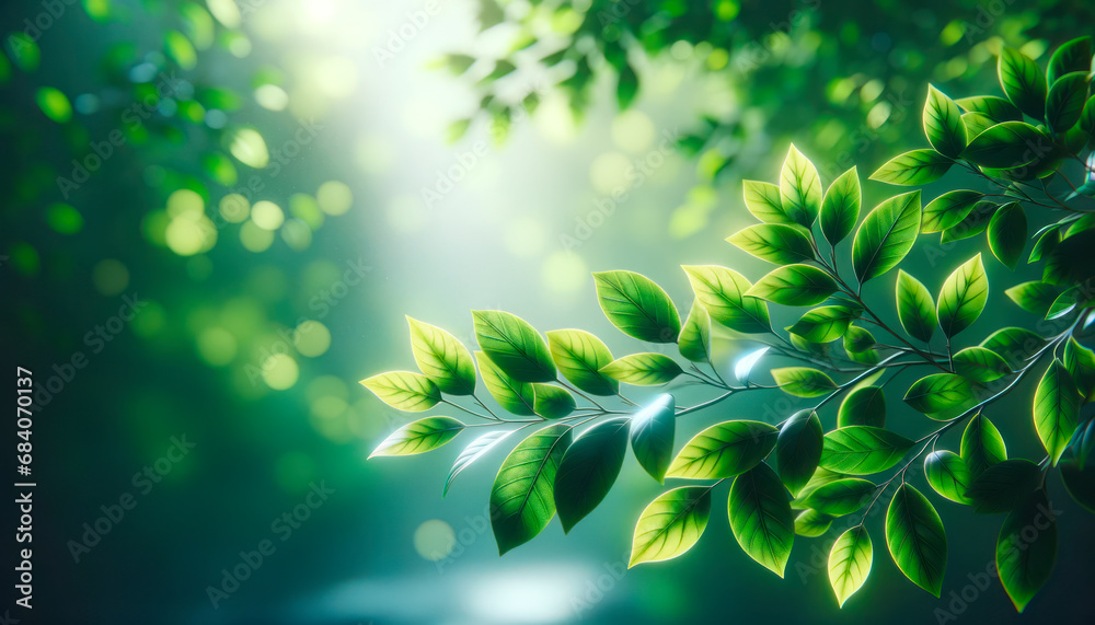 Poster Green leaves background with bokeh effect and sunlight. Nature concept. Generative AI
