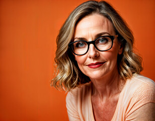 photo of beautiful middle aged woman with bold black frame glasses on orange background backdrop, generative AI
