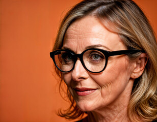 photo of beautiful middle aged woman with bold black frame glasses on orange background backdrop, generative AI