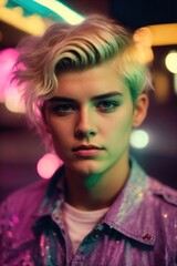 Vintage fashion portrait of a young boy on city street at night, 50s and 60s, Polaroid-style photograph.