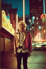 Fototapeta premium Vintage fashion portrait of a young boy on city street at night, 50s and 60s, Polaroid-style photograph.