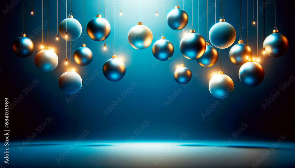 Poster vibrant christmas balls with intricate patterns floating in a celestial blue ambiance. season's gree
