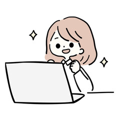 パソコンの前でやる気満々の女性のイラスト
