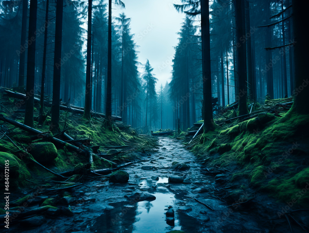 Poster moss covered ground and trees in a dark, foggy forest. mysterious nature background. generative ai