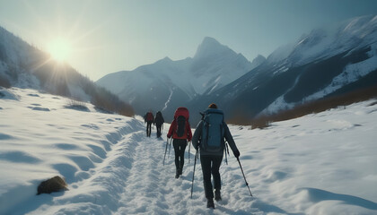 Fototapeta na wymiar Hikers navigating a snowy mountain trail ai generation
