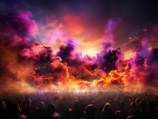 Fototapeta na wymiar Vivid concert with crowd under a surreal sky. Generative AI