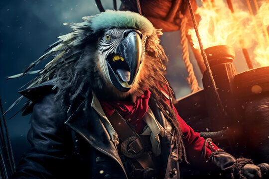 parrot in a pirate costume. Sea adventures. Viking beast on a ship
