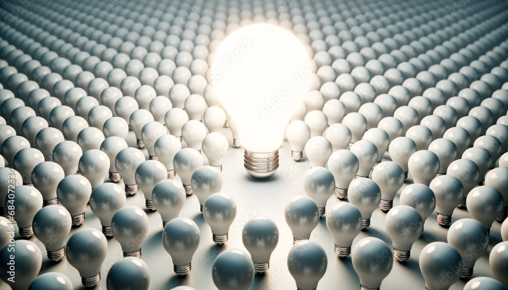 Poster idea concept with light bulb in crowd of white incandescent bulbs. generative ai