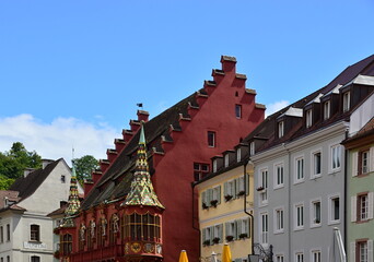 Obraz premium Historical Buildings on the Square Münsterplatz in the Old Town of Freiburg in Breisgau, Baden - Württemberg