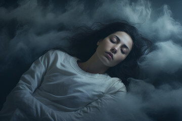 Lifestyles and leisure concept. Beautiful woman sleeping and dreaming between clouds and bed