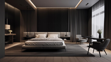 Modern hotel bedroom design in white and gray tones