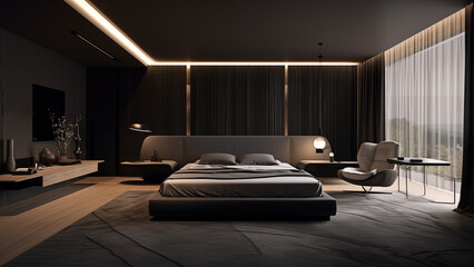 Modern hotel bedroom design in white and gray tones