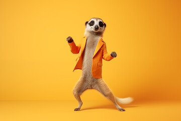 Funny meercat in suit dancing. Illustration in full length and vivid color. Happy suricate laughing. Cool animal