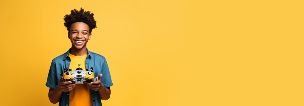 Excited African-American boy look straight into camera with robot in hands on blue studio background. Electric toys learning robots at robotics horizontal studio plain banner copy paste space for text - Powered by Adobe