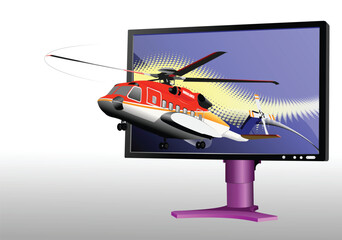 Abstract Flat computer monitor with ambulance helicopter. Display. 3d  illustration. Hand drawn illustration