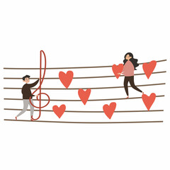 Vector illustration. Couple in love with music notes