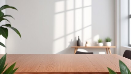 Wood table top on blur home wall background