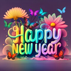 Happy New Year Greeting Card with Colorful Flowers. Vector Illustration
