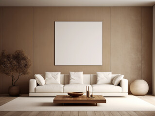 Elegant living room with a central canvas and organic decor elements. Generative AI