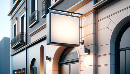 Charming cafe facade with an elegant blank sign at dusk, urban sophistication. Generative AI