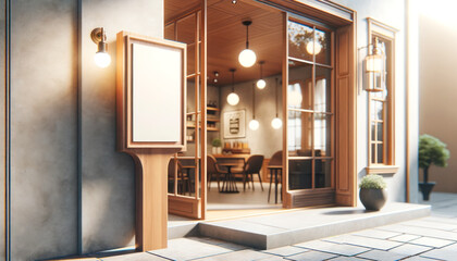 Modern cafe corner with blank signboard in soft daylight, urban lifestyle. Generative AI