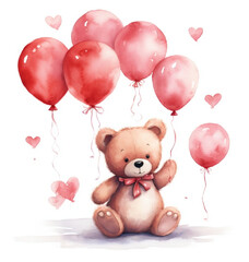 Teddy bear with balloons and heart. Romantic picture in watercolor style.