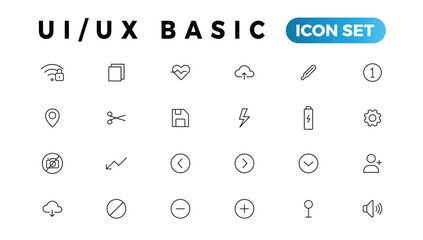 Basic User Interface Essential Set. ui/ux Line Outline Icons. For App, Web, Print. Editable Stroke.