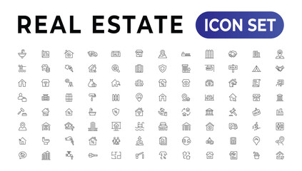 Fototapeta na wymiar Real Estate minimal thin line web icon set. Included the icons as realty, property, mortgage, home loan and more. Outline icons collection.