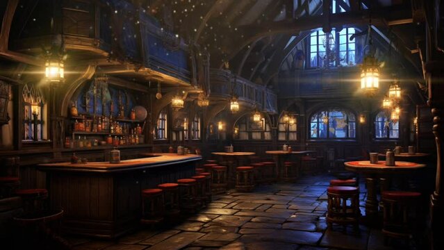 Fantasy old tavern with simple lighting. seamless looping virtual video background animation, anime illustration style. Generated with AI