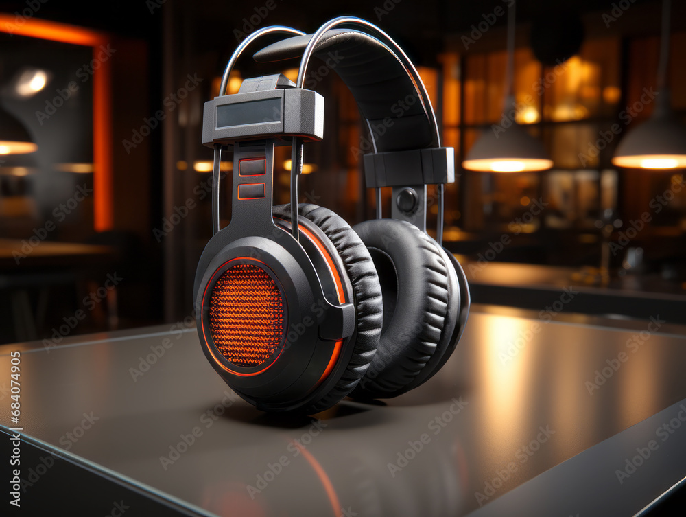 Poster modern headphones on reflective surface with soft lighting. generative ai