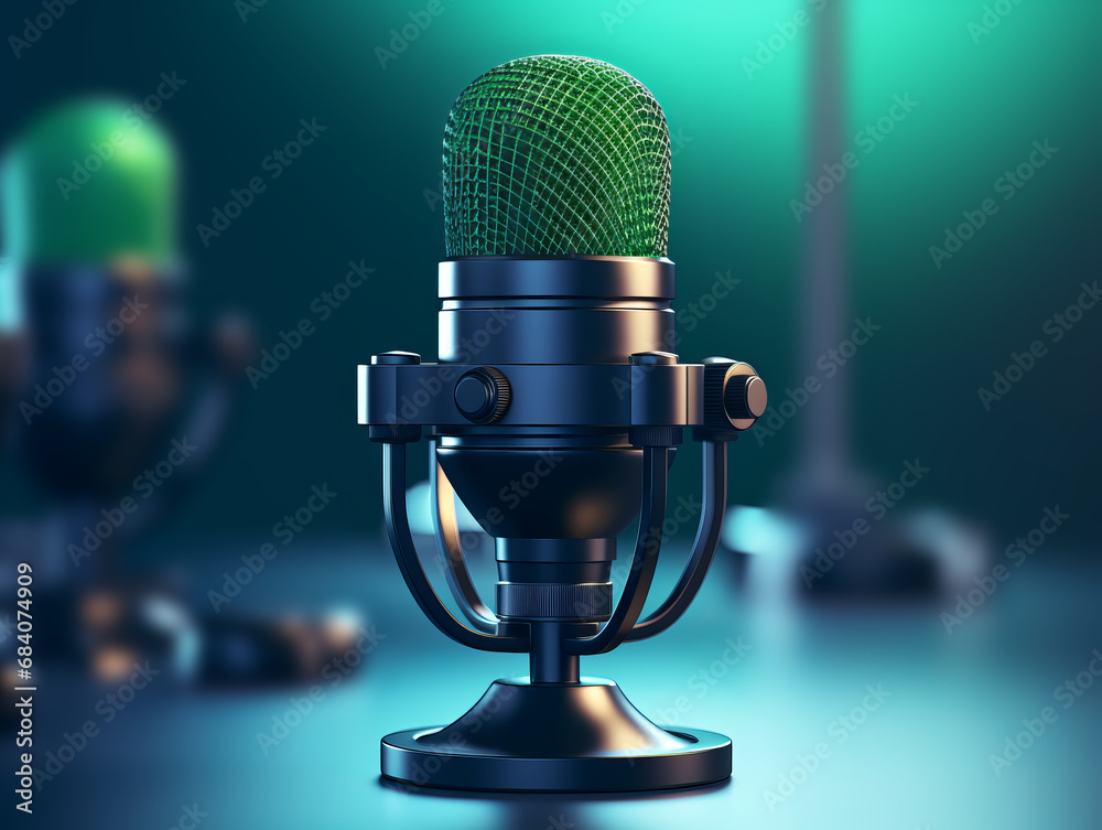 Poster modern green studio microphone with blurred background. generative ai