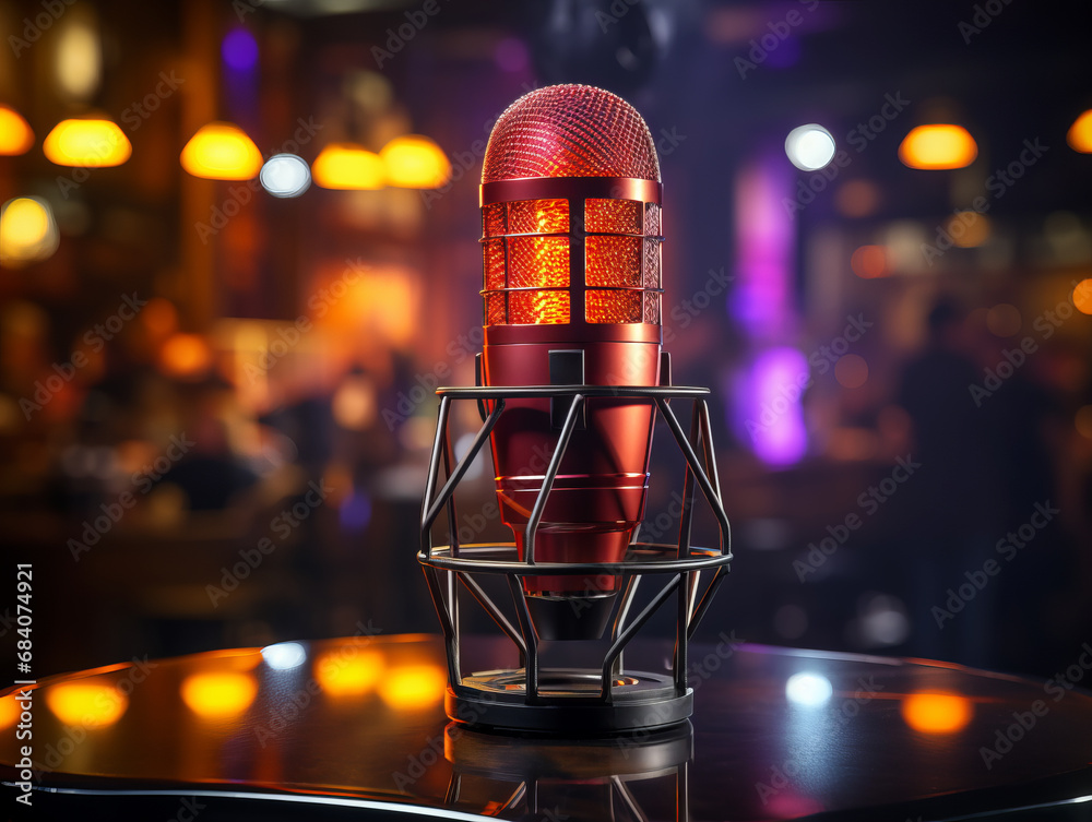 Poster retro microphone with warm bokeh lights. generative ai
