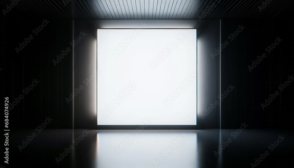 Poster Backlit empty gallery panel in a darkened room. Minimalist design concept. Generative AI