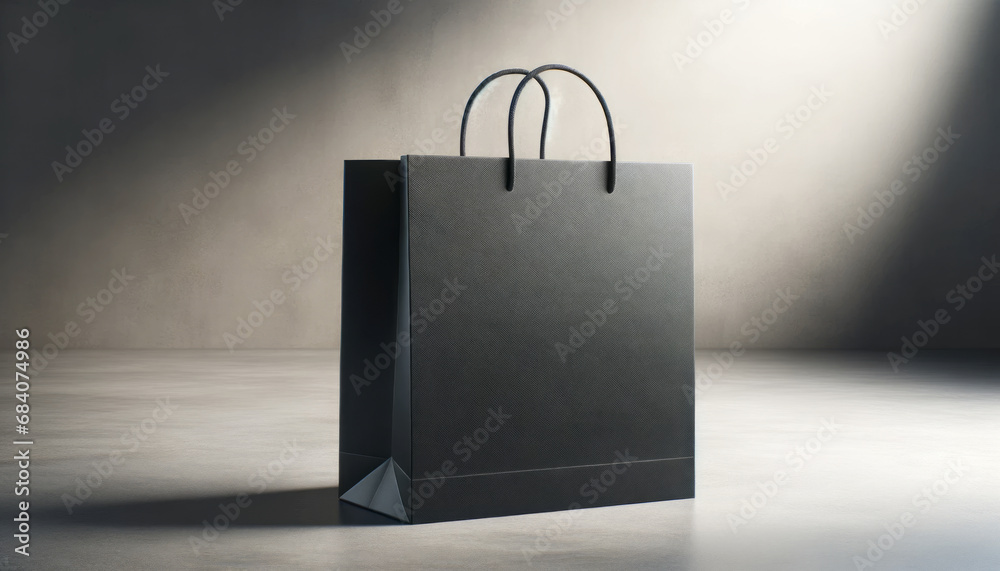 Poster sophisticated black shopping bag mockup with a striking shadow on concrete. luxury and design concep