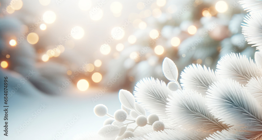 Poster softly lit christmas tree with snowy branches, festive bokeh lights. holiday warmth concept. generat