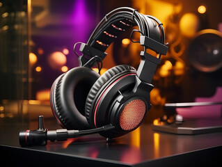 Fototapeta na wymiar Sleek headphones with vibrant orange glow for gaming setup. Generative AI