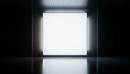 Backlit empty gallery panel in a darkened room. Minimalist design concept. Generative AI - obrazy, fototapety, plakaty