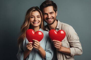 Fototapeta na wymiar Happy young couple smileing and holding red hearts isolated on gray background