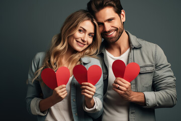 Happy young couple smileing and holding red hearts isolated on gray background