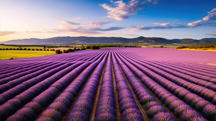 An aerial view of a lavender field with mountains in the background. Generative Ai	