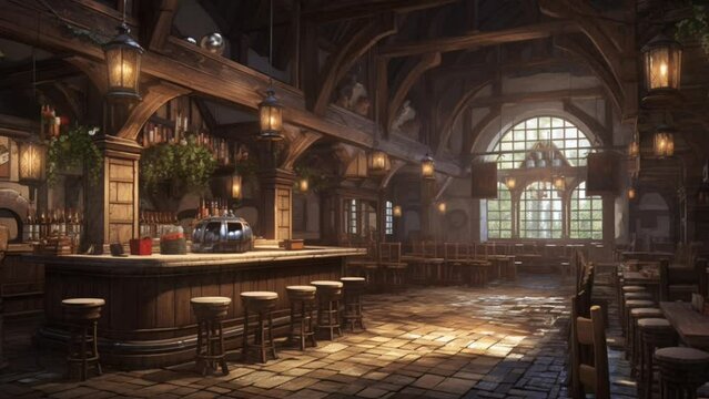 Fantasy old tavern with simple lighting. seamless looping virtual video background animation, anime illustration style. Generated with AI