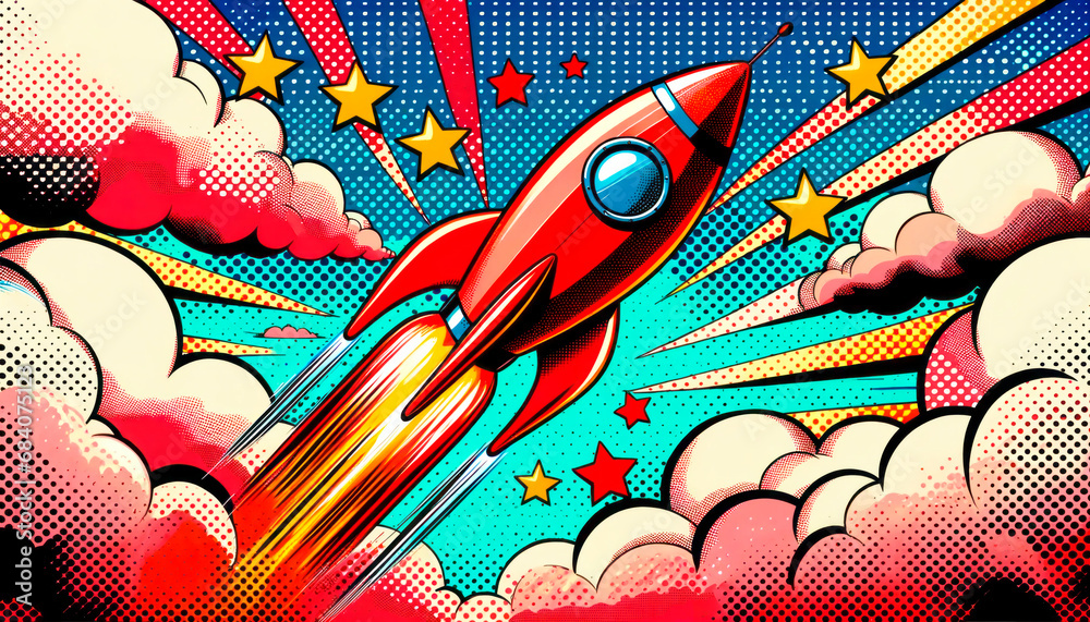 Aufkleber Pop art inspired rocket soaring through clouds Generative AI