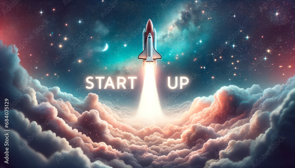 Poster Spaceship ascending through clouds with START UP sign. Generative AI