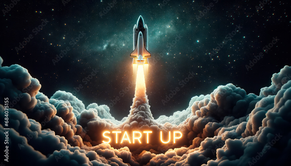 Poster Rocket soaring past clouds with luminous START UP message. Generative AI