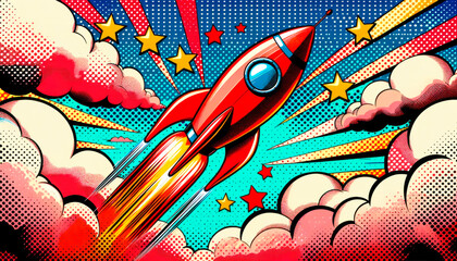 Pop art inspired rocket soaring through clouds Generative AI - obrazy, fototapety, plakaty