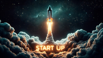 Rocket soaring past clouds with luminous START UP message. Generative AI